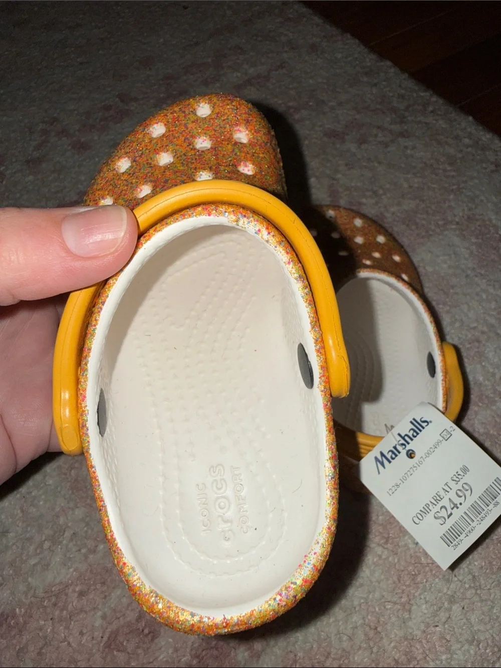 CROCS Kids Glitter Speckled Orange Yellow Clogs NWT